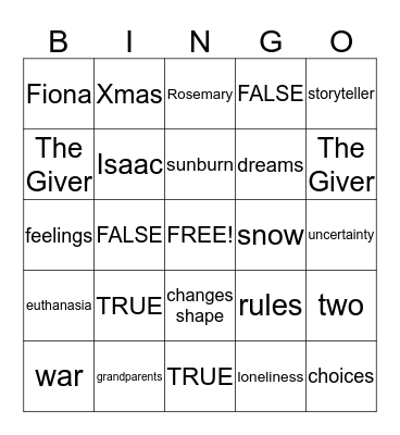 Game 2: "The Giver" Bingo Card