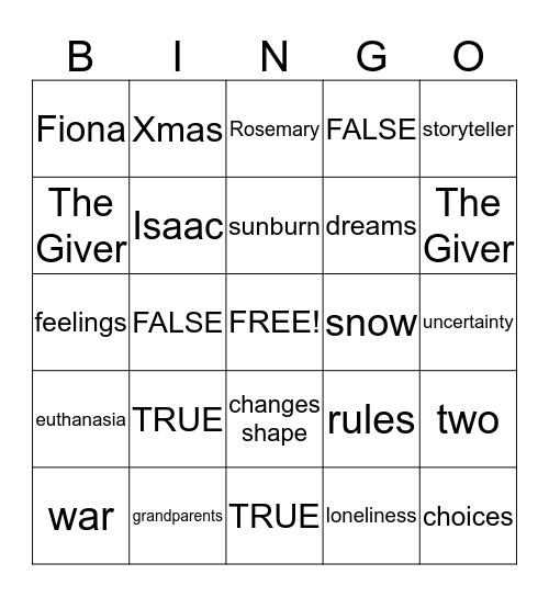 Game 2: "The Giver" Bingo Card