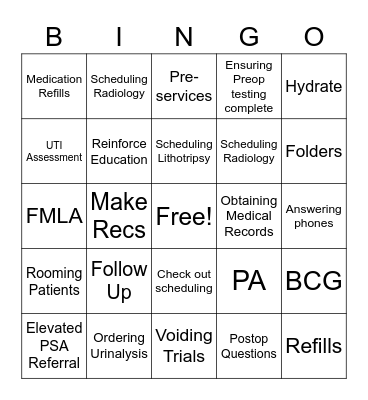 Urology Roles Bingo Card