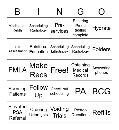 Urology Roles Bingo Card