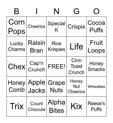 Breakfast Cereal Bingo Card