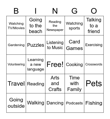 Activities Bingo Card
