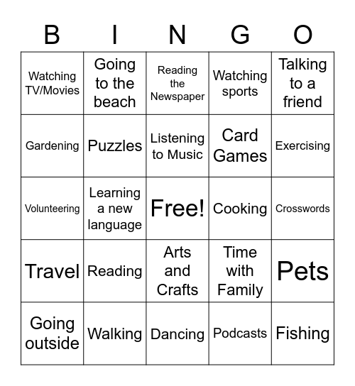 Activities Bingo Card