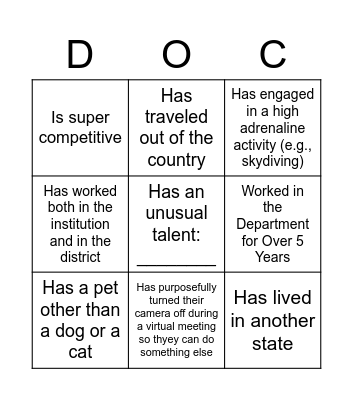 Getting to Know You Bingo Card