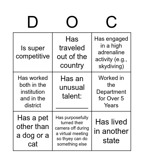 Getting to Know You Bingo Card