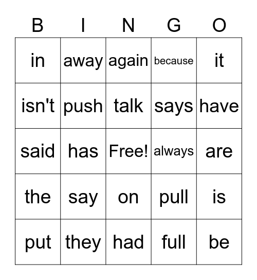 Yellow Words Bingo Card