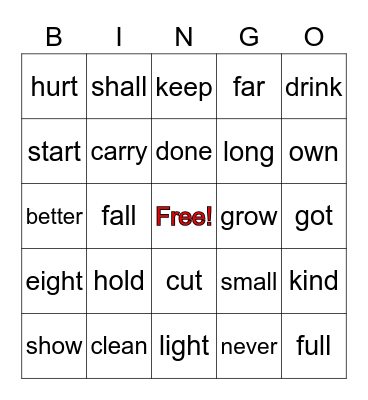 Sight Words Bingo Card