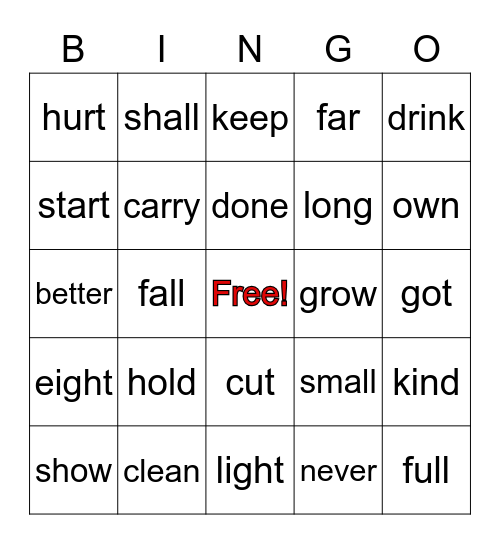 Sight Words Bingo Card