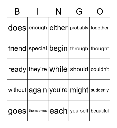 Snap Words Bingo - List G Bingo Card