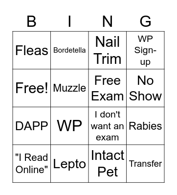 Vet Tech Bingo Card