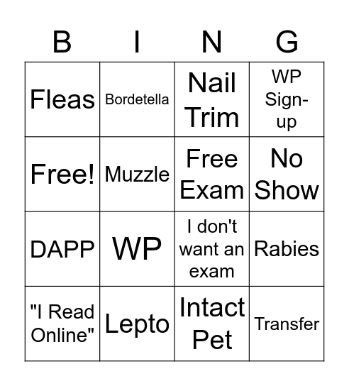 Vet Tech Bingo Card