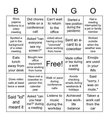 Remote Work BINGO Card