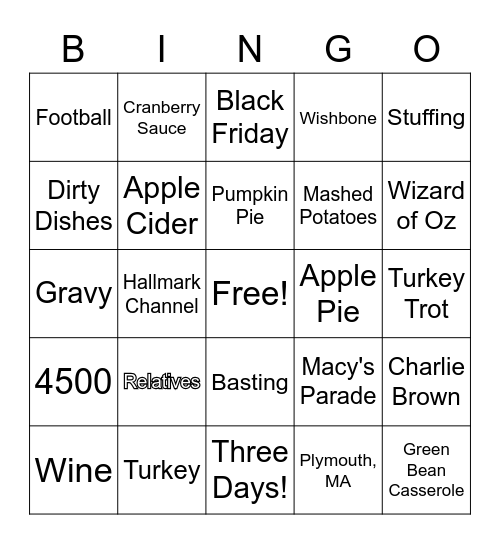 Thanksgiving BINGO Card