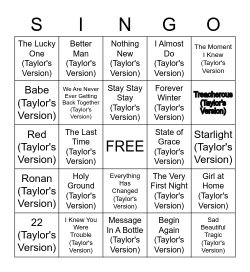 Red (Taylor's Version) Bingo Card