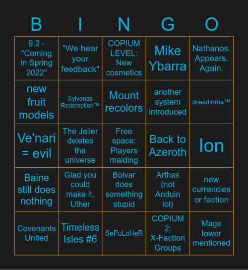 WoW 9.2: Content Boogaloo Bingo Card