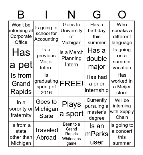 Meijer 2015 Interns Bingo Card