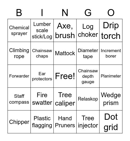 Forestry Equipment Bingo Card