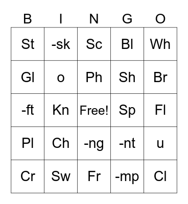 Purified Digraph+Vowel Bingo Card