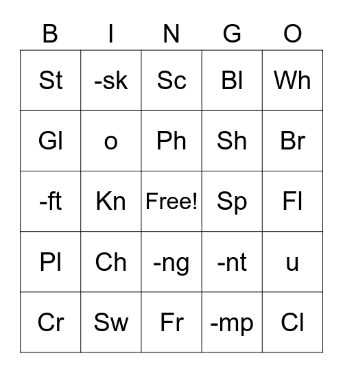 Purified Digraph+Vowel Bingo Card