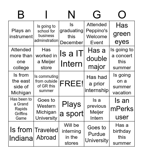 Meijer 2015 Interns Bingo Card