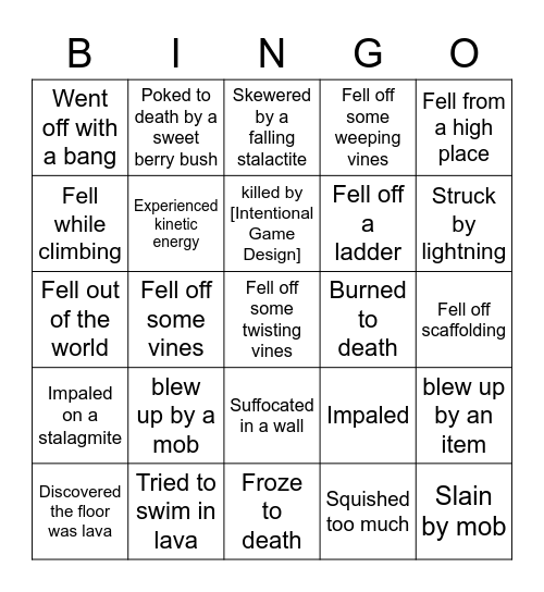 Minecraft Death Bingo Card