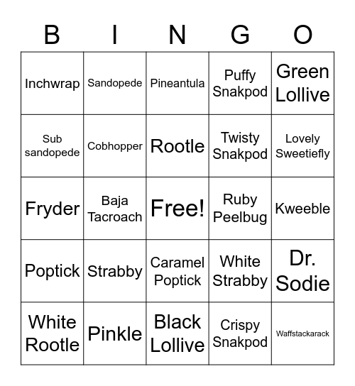 Bugsnax Bingo Card