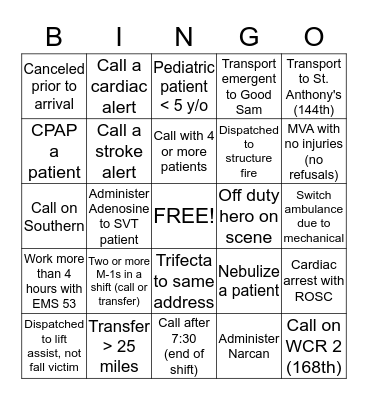 EMS Bingo Card