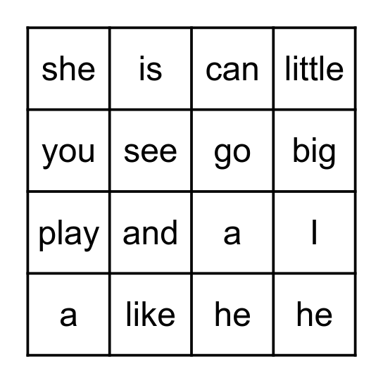 Sight Word Bingo Card