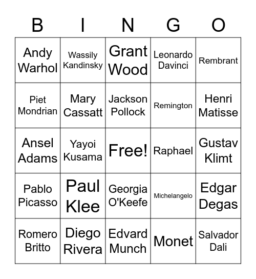 Famous Artists Bingo Card