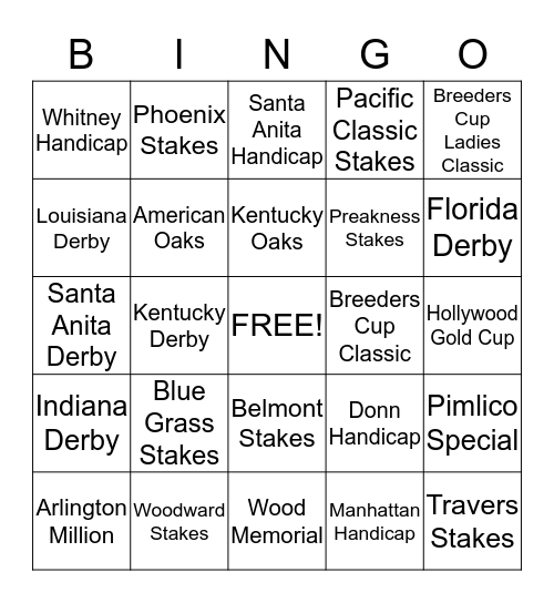 United States Horse Races Bingo Card