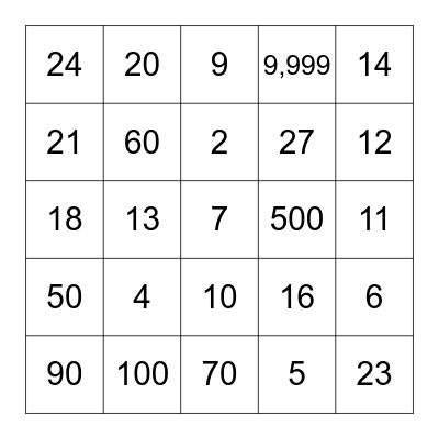 Number Bingo Card