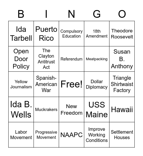 Progressive Movement & Imperialism Bingo Card