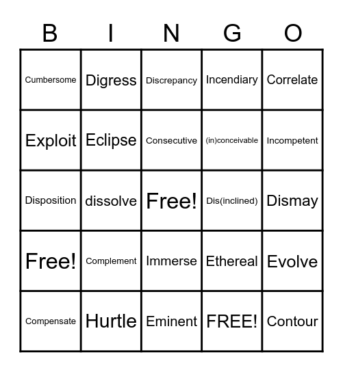 7th Grade Vocabulary Bingo Card