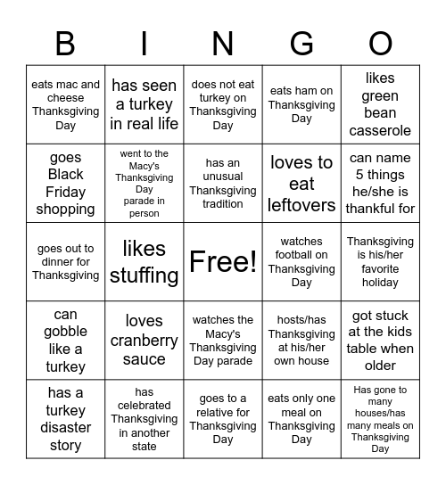 Teri's Thanksgiving Bingo Card