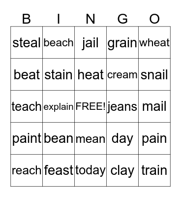 End of May...long a; ay, ai and long e; ea Bingo Card
