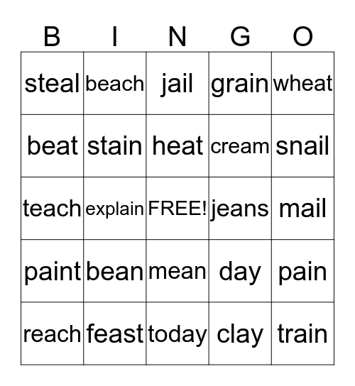 End of May...long a; ay, ai and long e; ea Bingo Card