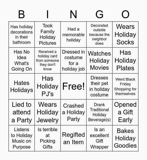 Teri's Holiday Fun Bingo Card