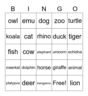 Auslan Animals Bingo Card