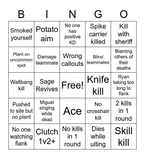 Valorant shenanigans' Bingo Card