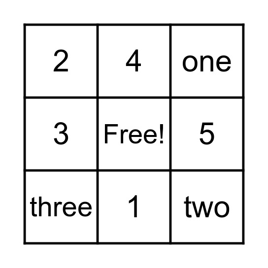 Numbers 1 to 5 Bingo Card