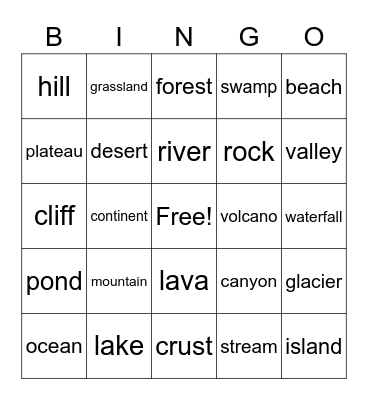 Landforms Bingo Card