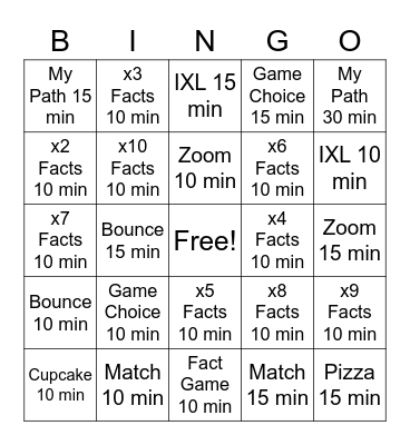 Math Bingo Card