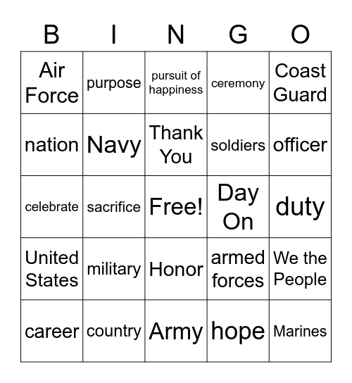 Veterans Day Bingo Card