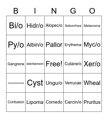 Integumentary System Bingo Card