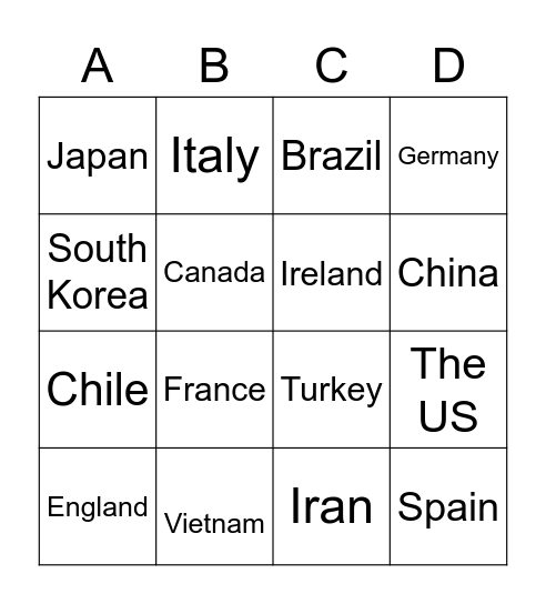 NATIONS AND NATIONALITIES Bingo Card