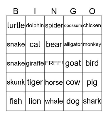 Animal Bingo Card