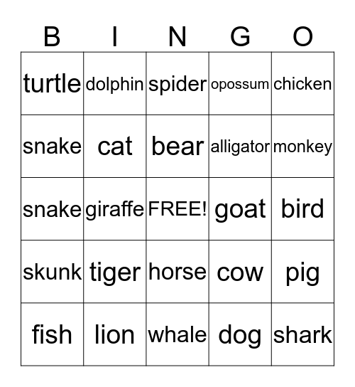 Animal Bingo Card