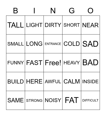 OPPOSITES Bingo Card