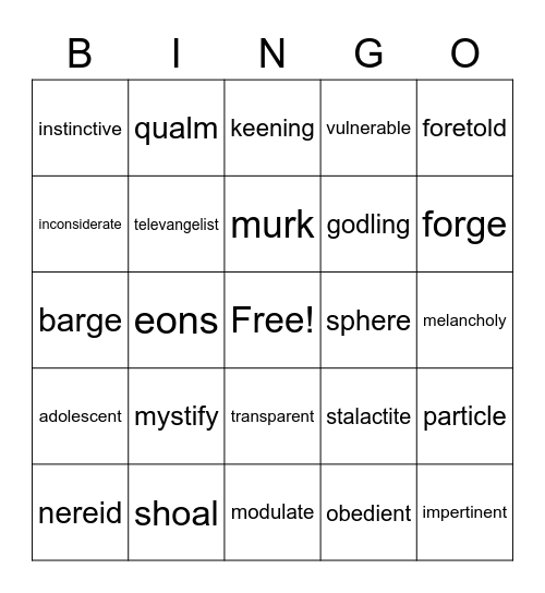 Percy Jackson Vocabulary Chapters 17 & 18 Bingo Card