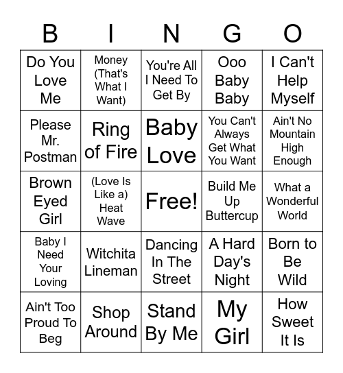 Music Bingo - '60s Bingo Card